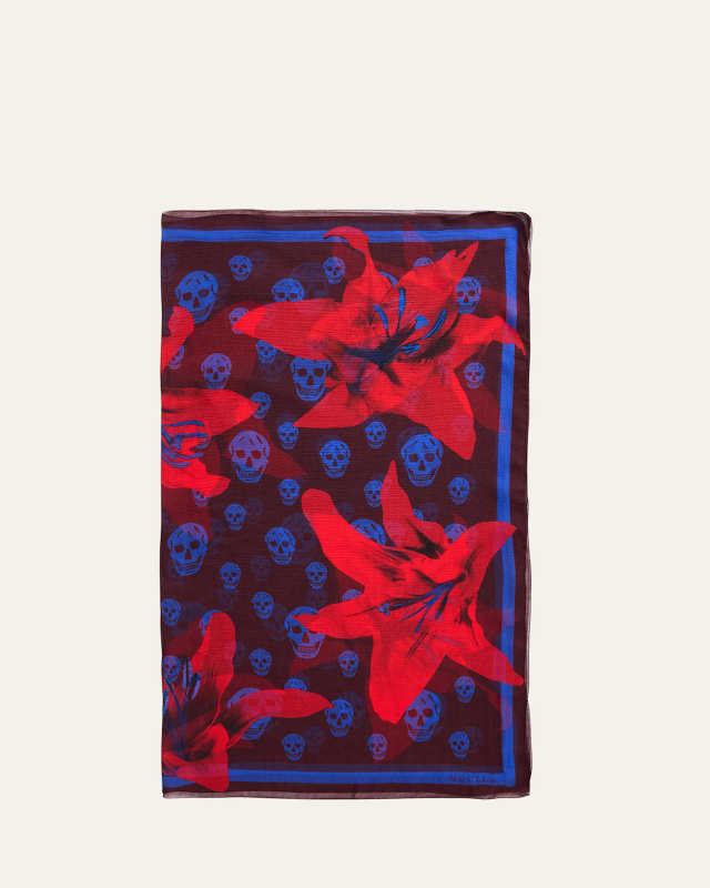 Classic Skull and Lily Silk Chiffon Scarf